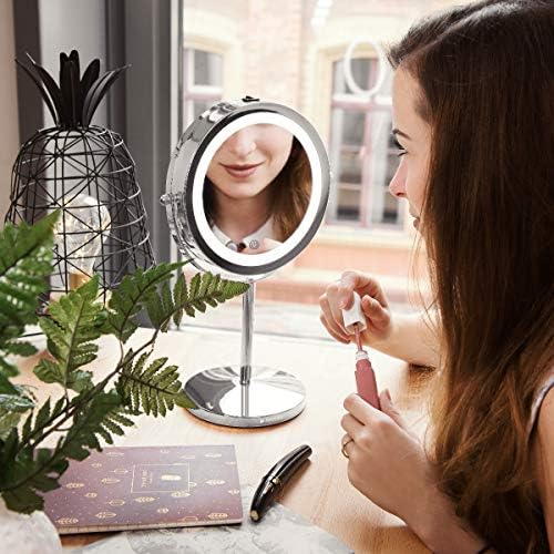 Navaris LED Illuminated Makeup Mirror - Two-Sided Vanity Mirror with Normal and 5x Magnification - 360° Cosmetic Mirror with Touch Screen - Silver