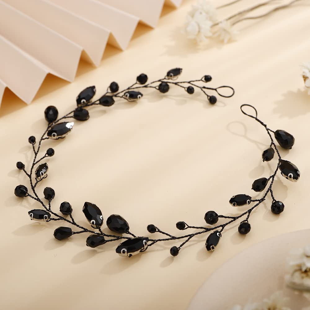 Kercisbeauty Simple Crystal Rhinestones Beads Handmade Headband for Wedding Women Special Occasion Black Classic Hair Piece
