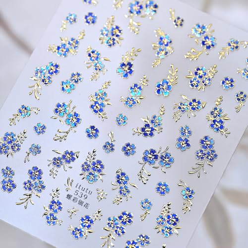 Flower Nail Stickers for Nail Art Gold Blue Nail Decals Spring Nail Stickes 5D Embossed Blue Flower Nail Design Floral Nail Supplies for Women Girls Manicure DIY Decoration