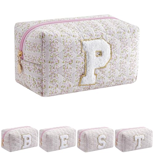 JOVAKIT Alphabet Makeup Bag Cosmetic Bag for Women, Christmas Gifts for Girls Age 6-18, Floral Flowers Coquette Travel Toiletry Zipper Make Up Pouch Organizer Trendy Stuff (Pink Floral P)