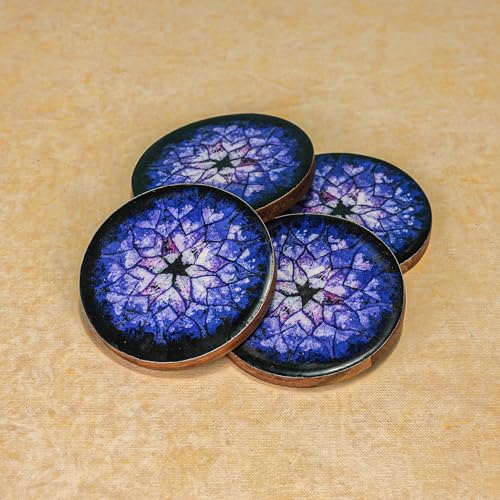 Image of Blue Nebula Acacia Wood Coaster Set (Set of 4) - Premium Handcrafted Wooden Drink Coasters with Stunning Enamel Artwork, Stylish & Durable Tabletop Protection for Home & Office