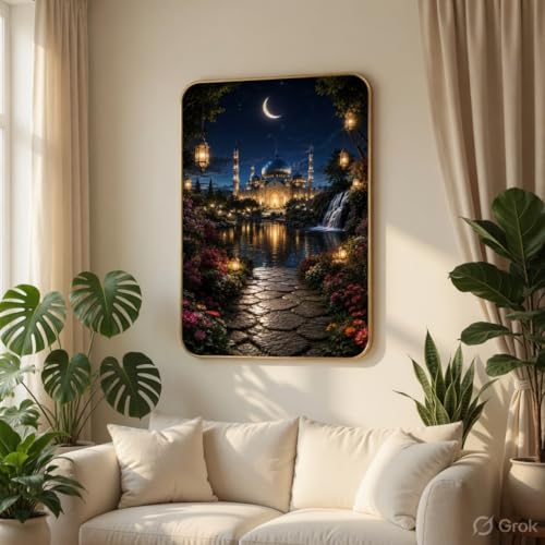 Image of SAF Islamic Mosque Night Garden Wall Painting with Premium PVC Golden Frame, Crescent Moon Waterfall Lantern Art, Muslim Home Decor for Prayer Room Living Room (13x19 Inch) MG-36046