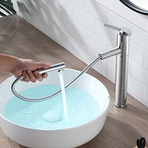 Eridanus Bathroom Basin Taps Mixer, With Pull Down Sprayer Polishing Chrome Single Lever Basin Faucet, Modern Single Handle Stainless Steel Bathroom Tap, Fit to Round Bathroom Washroom Basin