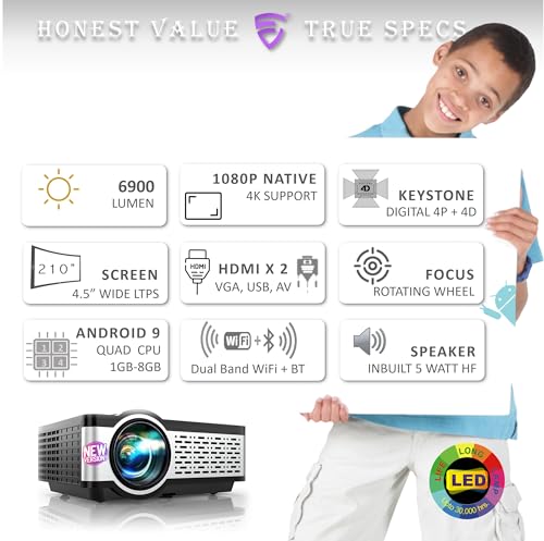 Image of E Gate i9 Pro-Max Android, 1080p Native Full HD Home Projector, 4k Support, 6900 Lumen LED, 534cm Screen | Inbuilt Speaker | 4P+4D Digital Keystone, with Netflix, Prime etc | WiFi & BT | E05i33,Black