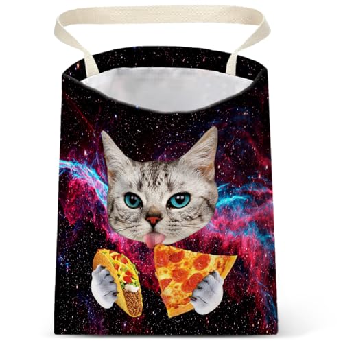 Image of Car Trash Bag Hanging No Snap Small Garbage Bag for Car Back Seat Cute Printed One-handed Strap Trash Bags Car Accessories-Galaxy Pizza Cat Car Trash Bags
