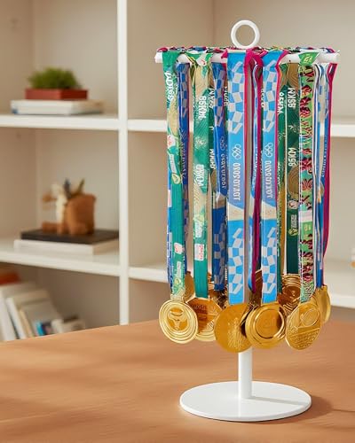 Image of Rotatable Medal Hanger Display - Adjustable Medal Honor Display - Desktop Metal Medal Holder for Running, Sports, Taekwondo, Awards - Ribbon-Safe Hook, 40+ Medals