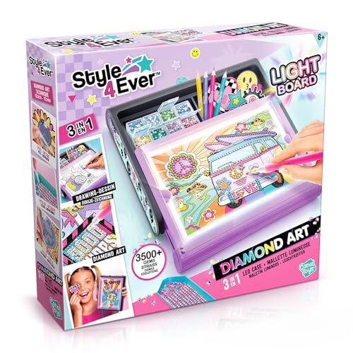 Canal Toys - Style 4Ever - Maletín de Arte con Diamantes y Luz LED - Pizarra Luminosa con Posters, Pegatinas de Diamantes, +3500 diamantes, Lápices de Colores - Diamond Art LED Case - OFG300
