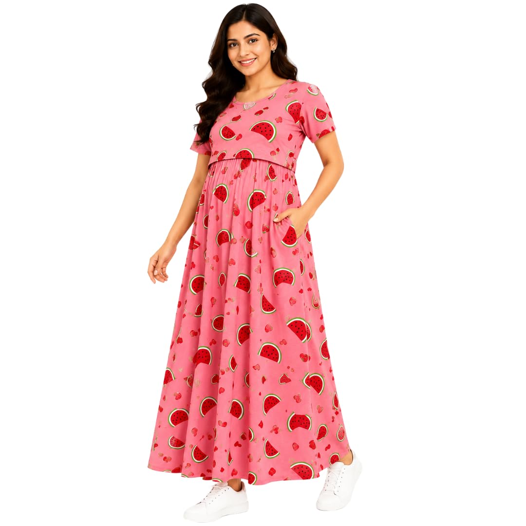 Zipless Maternity Feeding Dress | Zipless Nursing Dress for Women | Soft Cotton Lounge & Outdoor Wear | Pregnancy & Feeding Friendly Maxi Dress with Pockets-picture-27