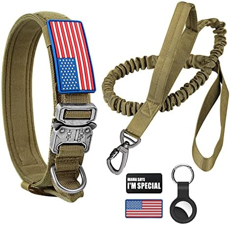 Tactical Dog Collar and Bungee Leash, Camo Military Dog Collar & Leash Set with USA American Flag Adjustable K9 Collar with Heavy Duty Metal Buckle & Handle,with Patches and Airtags Case (L, Brown)