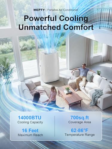 Image of MEPTY Portable Air Conditioners, 14000 BTU Portable AC Unit with Dehumidifier, Sleep Mode, 24H Timer, Cools Room up to 700 sq.ft, Room Air Conditioners with Self-evaporation System for Bedroom