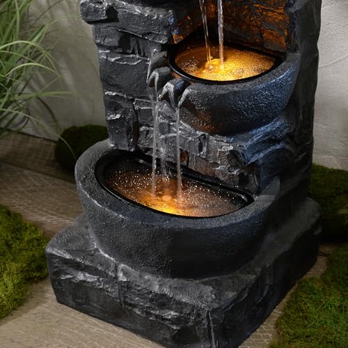 Teamson Home Garten Outdoor Brunnen 4-stufiger Kaskaden-Schalenbrunnen mit warmen LED-Lichtern, Einstellbarer Fluss, dunkelgraues Steinoptik-Finish