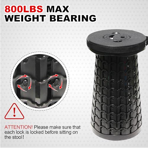 Image of ALEVMOOM 18 inch Collapsible Stool, 800lbs Max Weight, Heavy Duty Portable Retractable Folding Telescoping Foldable Camping Stool for Adults Outdoor Fishing Travel BBQ (Black)