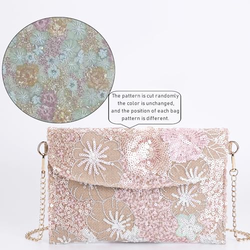 Image of Clutch Purses for Women, Envelope Package, Sequin Embroidered Flowers Straw Bag, Bohemian Handmade Handbags