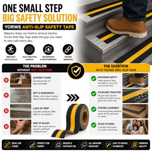 Image of YORWE Anti Slip Stair Tape with Glow in the Dark Strip - Heavy Duty Waterproof Non Slip Traction Tape for Stairs, Steps, Outdoor & Indoor Safety (Black and Yellow, 5 Meter)