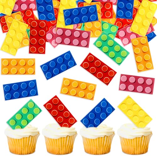 48Pcs Edible Flat Building Block Birthday Party Cupcake Toppers Boy Girl Birthday Party Decorations Drink Topper Brick Themed Printed Building Block Decor for Baby Shower Kids Adults Party Supplies