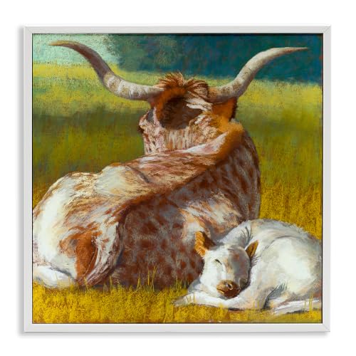 Longhorn Cattle Calf Resting Farmhouse, 12 x 12 Inch Framed Giclée Print