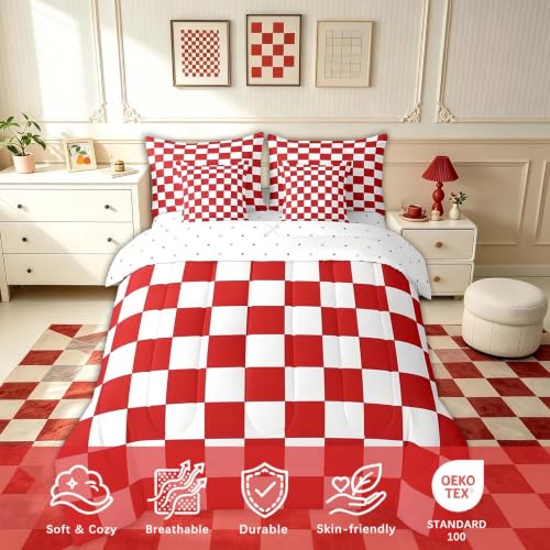 Image of Feelyou Checkered Retro 7 Piece Bedding Set Teen Women Men Red White Plaid Comforter Set with Sheets Full Size Kids Boys Girls Geometric Vintage Bed in a Bag Modern Simple Groovy Aesthetic Room Decor