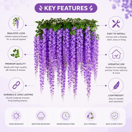 Image of Tia Crafts Artificial Hanging Flowers for Ceiling Balcony | Purple Wisteria Vine | Home Party Decor Garden Outdoor Greenery Wall Decoration |Waterproof Washable 3.7ft /45 Pack of 6 (Purple, 6)