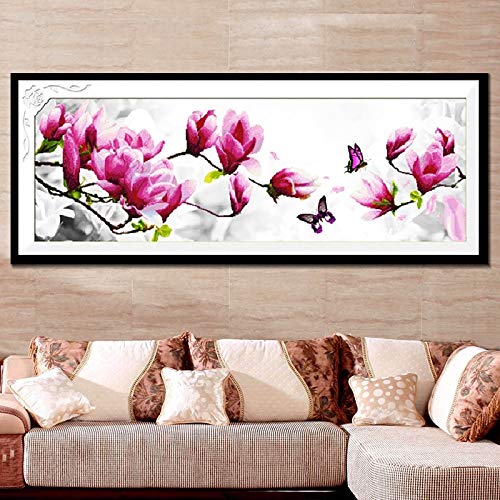 Joyautum DIY Pink Magnolia Cross Stitch Embroidery Kit 3D Flower Decor Printed Pattern Silk & Cotton Threads (11ct Cotton Threads)