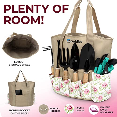 Scuddles Garden Tools Set - 8 Piece Heavy Duty Gardening Kit with Storage Organizer, Ergonomic Hand Digging Weeder Rake Shovel Trowel Sprayer Gloves Gift for Men Or Women