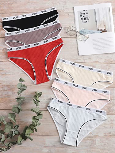 Verdusa Women's 6 Pack Letter Print Underwear Rib Knit Briefs Breathable Panties Multicolor L #TOP5