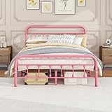 Elegant Home Products Vintage Full Size Bed Frame with Headboard and Footboard Mattress Heavy Duty Metal Platform Bed Frame Steel Slat Support (Full, Pink)