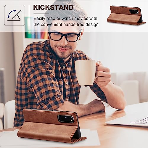 Image of Jasonyu Flip Wallet Case for Samsung Galaxy S20 5G,Leather Magnetic Folio Cover with Card Holder,Kickstand - TPU Shockproof Durable Protective Phone Case,Brown