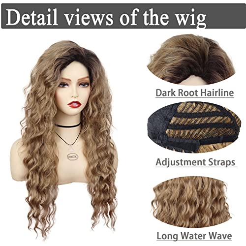 Image of GNIMEGIL 26 Inch Long Brown Curly Wigs for Women Black Roots Ombre Brown Wave Curly Hair Layered Fluffy Daily 80s Costume Wig Cosplay Loose Hair Halloween Carnival Party Wig Synthetic