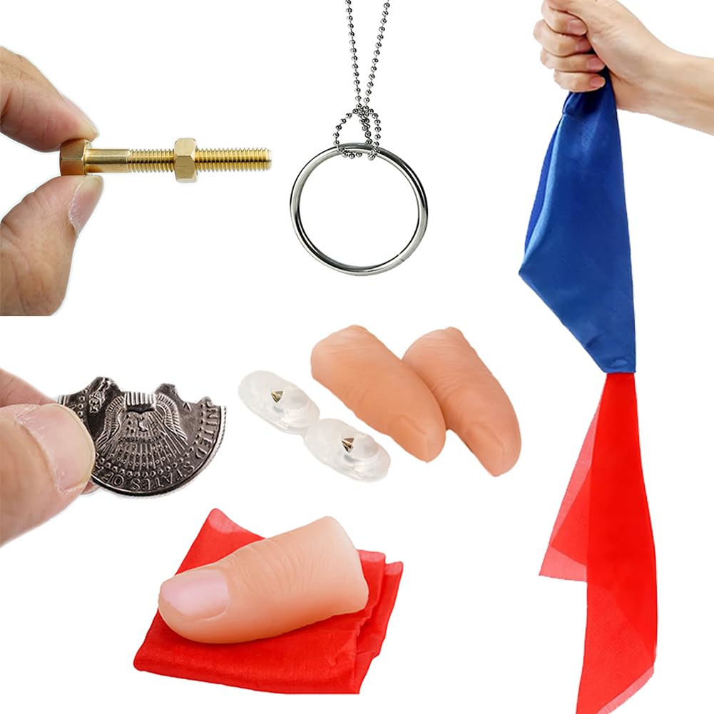 Neliky Magic Tricks Kit Including 6 Classic Tricks - Bite Coin, Color Change Silk, Disappearing Silk Fake Thumb,Magic Ring Chains,Magic Light Up
