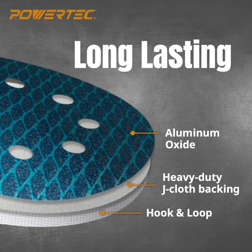 Image of POWERTEC 5 Inch 8-Hole Hook and Loop Diamond Shaped Sanding Discs, 50PK, 60 Grit for Random Orbital Sanders - J-Weight Cloth Backing for Long Life, Anti-Clog Sandpaper (44906)