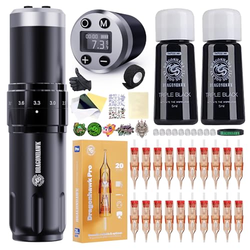 Dragonhawk Wireless Tattoo Gun Kit, Rotary Tattoo Machine Pen with 2 Batteries Power Supply, 20 Count Extra Smooth Needles Cartridges, Adjustable 7 Strokes Length for Beginners