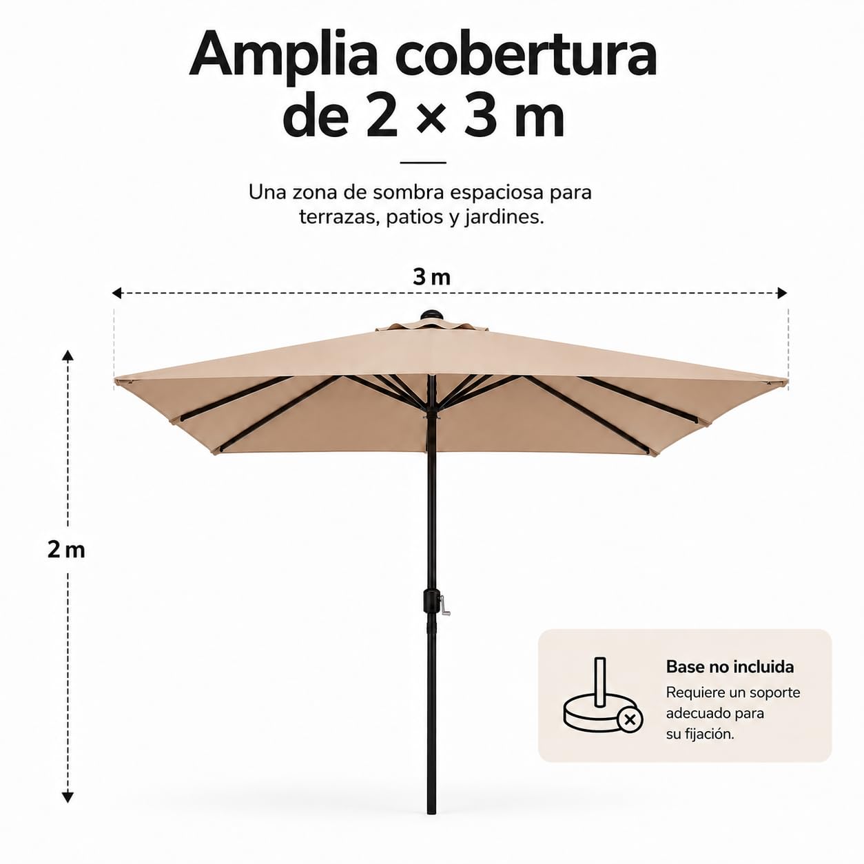 Sombrilla de Jardín – Parasol Exterior con Manivela, Altura Ajustable, Protección UV, Tejido Impermeable y Estructura Metálica Negra