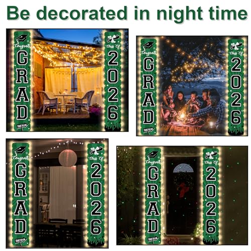 Image of 2026 Graduation Banners Lighted Decor Class of 2026 Congrats Grad Porch Sign Party Banners Supplies with LED Light Welcome Hanging Door Decorations for Indoor Outdoor(Green and Black)