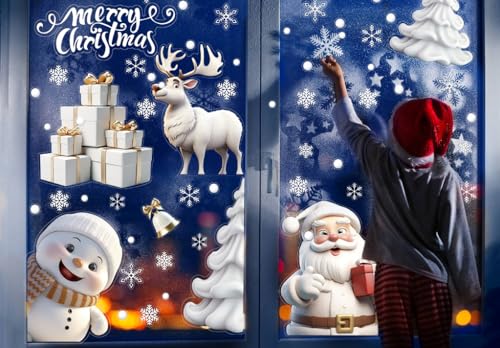 VEYLIN Christmas Window Stickers, Peeping Santa & Rudolph Snowflakes Window Clings PVC Staic Stickers for Christmas Window Display - Image 8