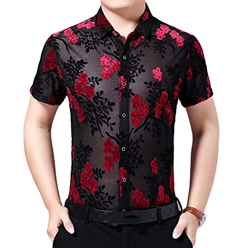 Chemise transparente homme avec velours rouge floral confortable et respirante
