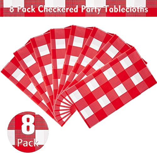Image of Kesfey 8 Packs Red and White Checkered Tablecloths 54 x 108 Inches Disposable Rectangle Red Gingham Table Cloth Waterproof Plastic Picnic Party Plaid Tablecovers for Picnic BBQ Family Outings