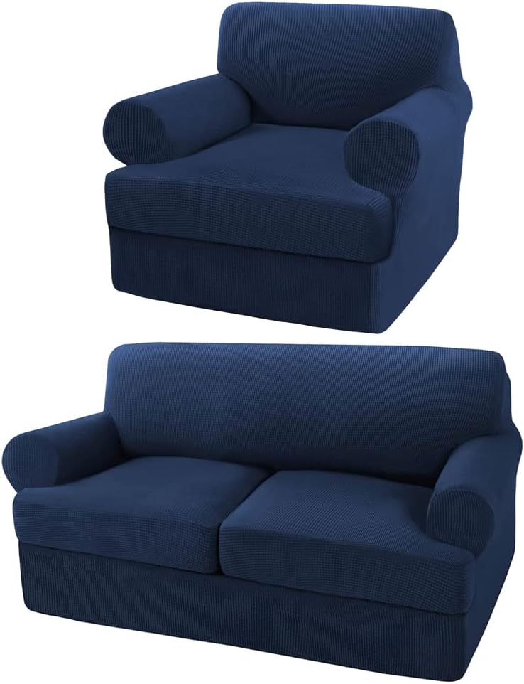 Turquoize 3 Pieces Loveseat Covers for 2 Individual T Cushion Couch Sofa Slipcover Bundle 2 Pieces Chair Slipcover, Navy