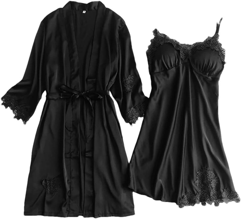 Haitpant Gray Nightgown Set Women Lace Nightwear V-Neck Pajamas Suit Homewear Spring Sleepwear Robe Gown Pijama Negligee