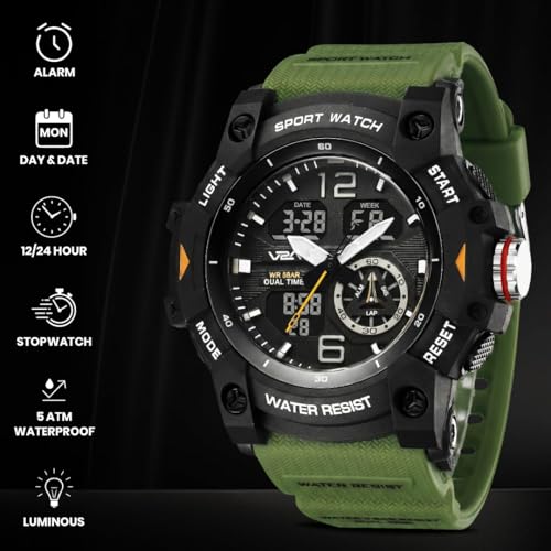 Image of V2A Stryke 50mm Analog Digital Watch for Men | Rugged Guard Bezel Design | Alarm Stopwatch Backlight | TPU Sport Strap | 50M Water Resistant Outdoor Watch | Gift for Mens