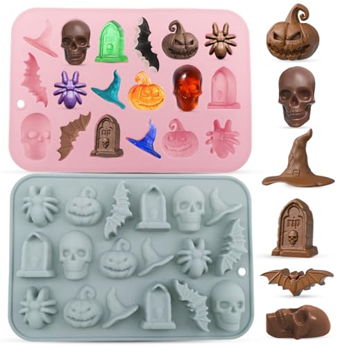 2-Pack Halloween Chocolate Molds 18-Cavity Spider Skull Silicone Molds DIY Candy Chocolate & Treats