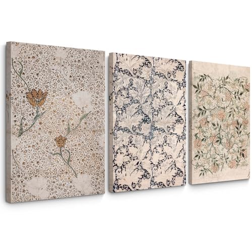 Vintage William Morris Wall Art Decor Boho Floral Botanical Canvas Pictures Abstract Neutral Flower Print Vintage Farmhouse Artwork Painting for Living Room Bedroom 16x24 Inch Wrapped Canvas Set of 3
