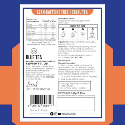Image of BLUE TEA - Lean Tea - 60 Tea Bags - Pyramid Plant Based | Caffeine Free - Herbal Tea - Sugar Free | Zipper Pack