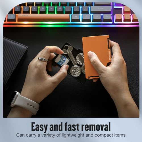 Image of Wallet for Men with Inner Key Coin Tray, Minimalist Card Holder with Money Clip, Slim Metal Front Pocket Wallet, RFID Blocking, Orange, PMLCO-02