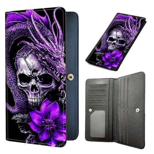 Long Women Wallet, Ultra Slim Thin Wallet for Women, RFID Blocking PU Leather Credit Card Holder, Multi-Card Slots Business Travel Bifold Clutch, Purple Dragon Skull