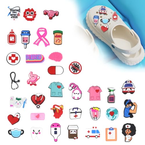 EMAGEREN 35PCS Decoración de Zapatos, Adornos para Zapatos de Tema Médico y Enfermería, Decoración de Zapatos de Dibujos Animados, PVC Encantos de Zapatos Adornos para Sandalias Unisex-Adulto