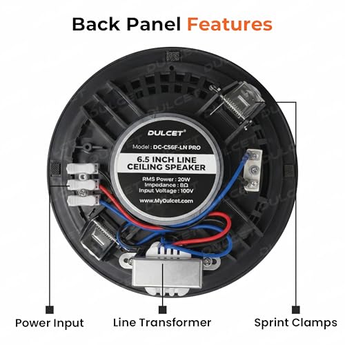 Image of DULCET DC-CS6F-LN Pro Black 6.5 inch 20W 2 Way 8 Ohms Ceiling Speaker with 100V Constant Supply Input & Line Matching Transformer for PA Amplifier
