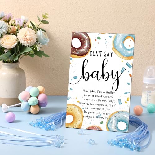 Image of Wesiti 51 Pcs Cool Baby Shower Game Wooden Sign Gift Sets 50 Baby Shower Pacifiers Necklace Acrylic Pacifier for Gender Reveal Party Favor(Donut,Blue)