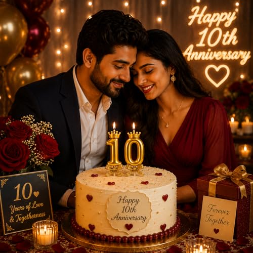 Image of Number Candles with Crown 3 inch for Birthday Parties, Wedding, Engagement, Celebrations, Theme Party, Bridal Shower, Bachelorette, Bachelors Decoration Gold (Numerical No 10)
