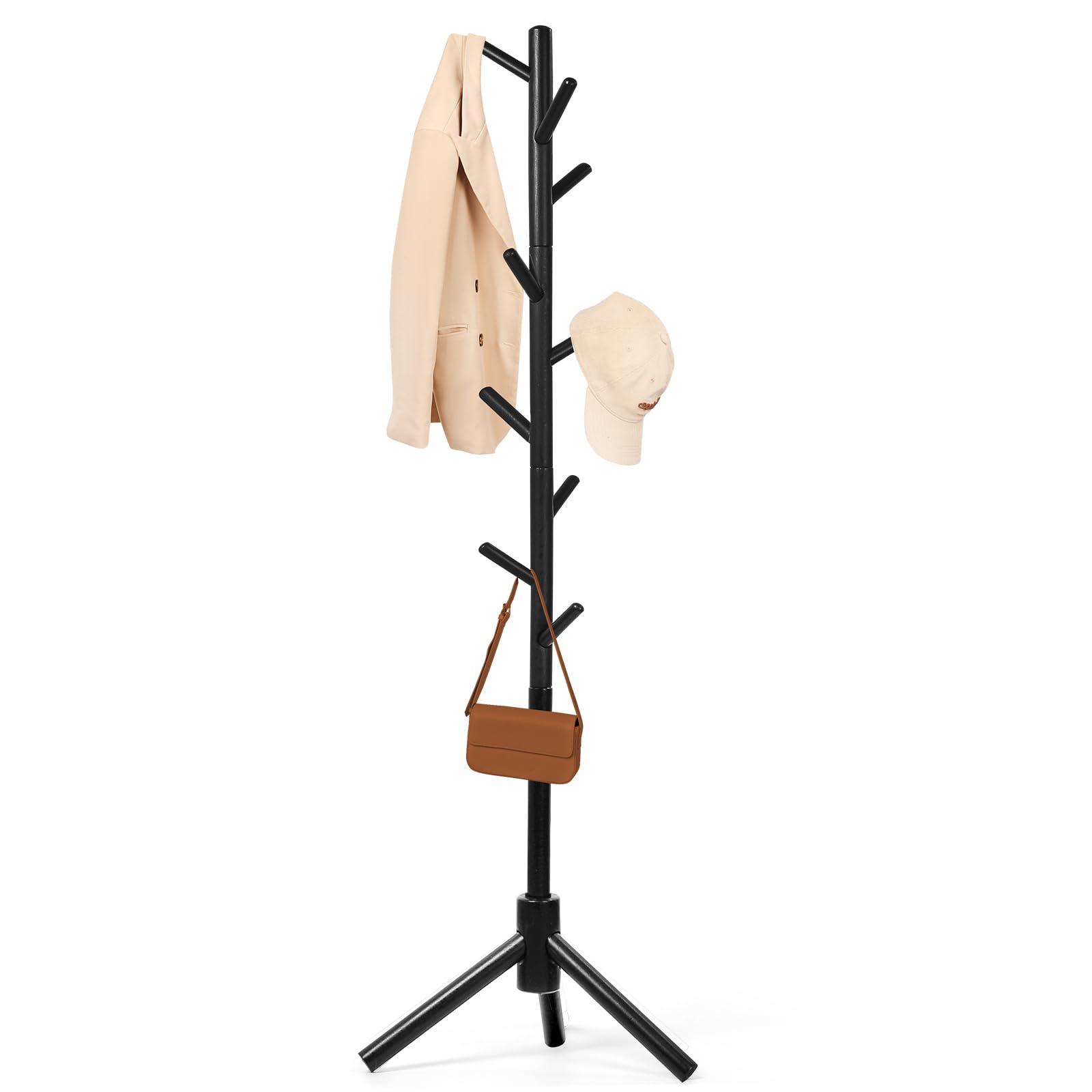 Porte-manteau Arbre En Bois De Hêtre - 9 Crochets, Hauteur Réglable 3 Positions, Design Stable Pieds Tripode - 5