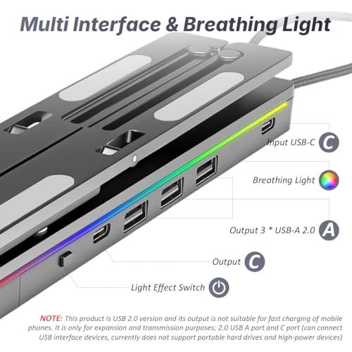 Image of ZORBES RGB Laptop Riser Stand Desk Support, Folding Aluminum Alloy Laptop & Tablet Stand with 4 USB Ports, 8-Level Adjustable Height, Anti-Slip & Ergonomic Heat-Dissipating Laptop Riser, Plug and Go